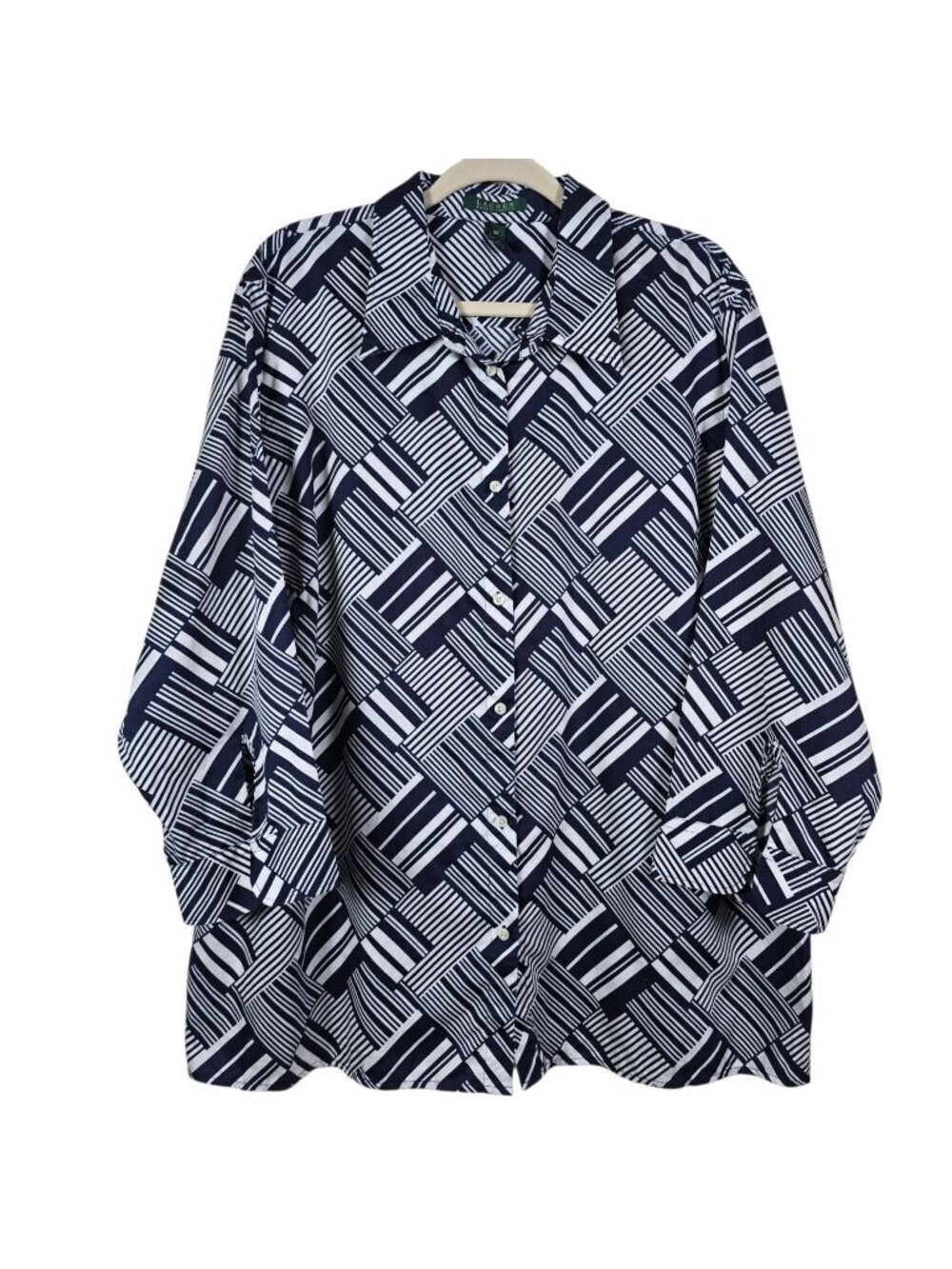 Lauren Ralph Lauren Womens Blue Geometric Striped Patchwork Button Up Shirt 3X